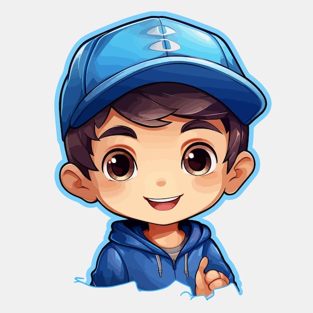 A drawing of a boy wearing a blue cap with the word he is wearing a blue cap