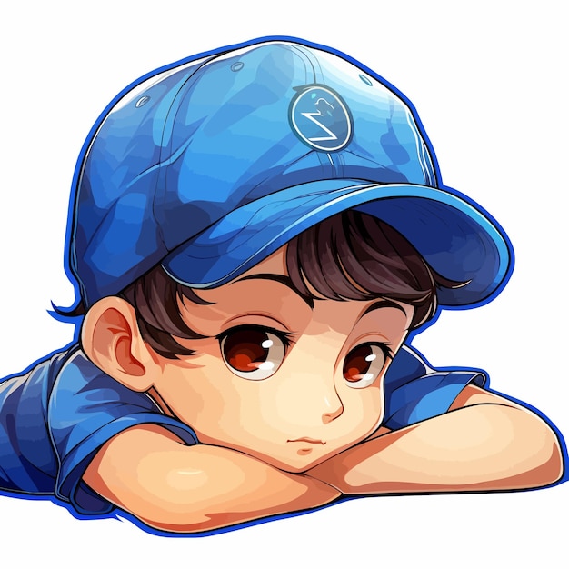 a drawing of a boy with a blue cap and a blue cap.