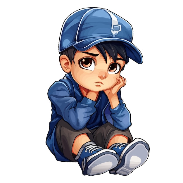 a drawing of a boy with a blue cap and a blue cap