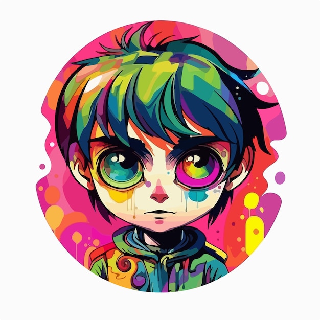 A drawing of a boy with rainbow hair and rainbow eyes.