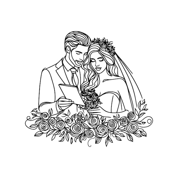 A drawing of a bride and groom in a bridal gown