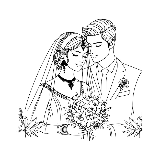 a drawing of a bride and groom with a bouquet of flowers