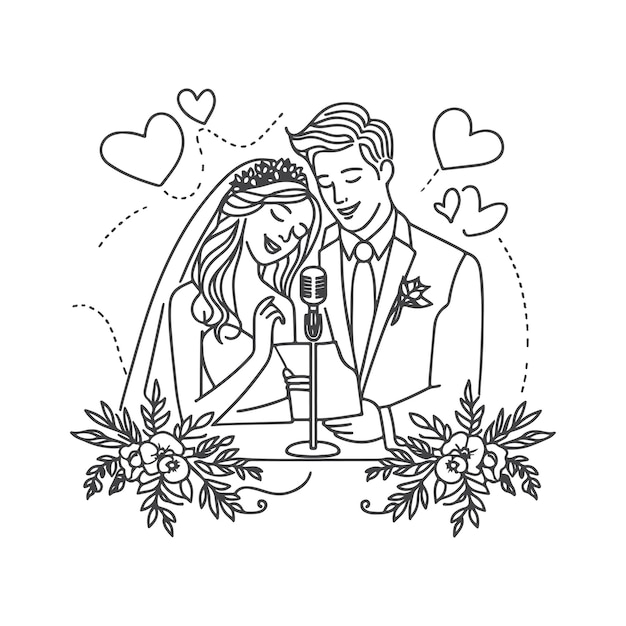 Un disegno di una sposa e uno sposo con una candela nelle loro mani