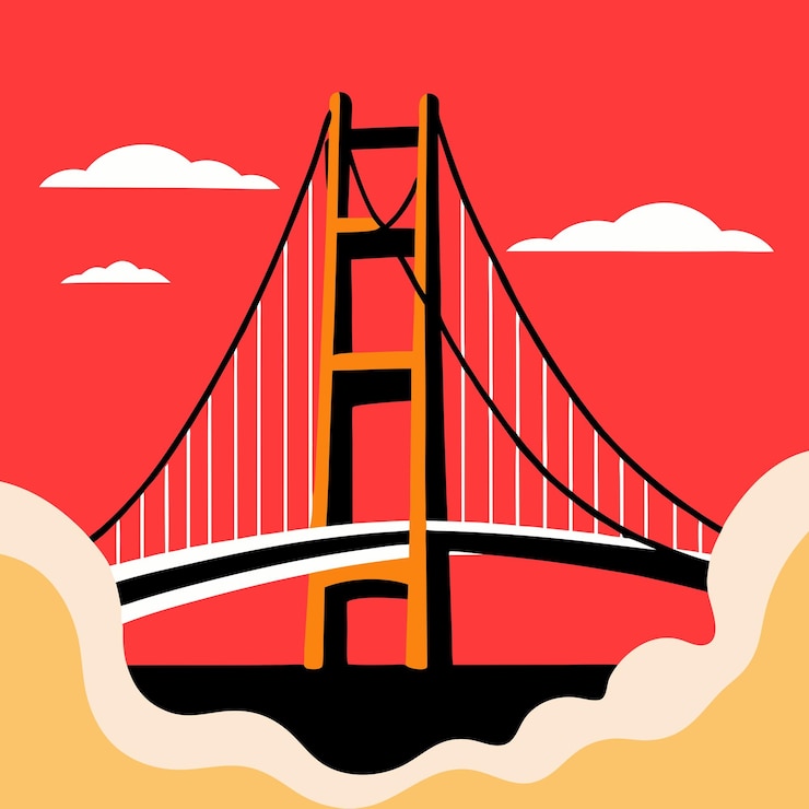 Vector a drawing of a bridge with a red sky and clouds in the background