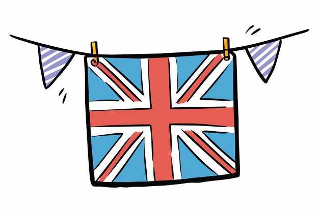 Un disegno di una bandiera britannica con una bandiera rossa e blu