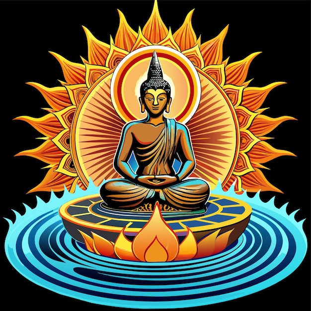 Vector a drawing of a buddha sitting in front of a sun