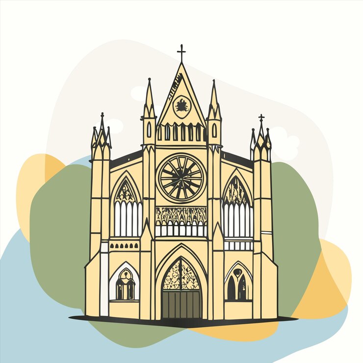 Vector a drawing of a building with a clock on the front
