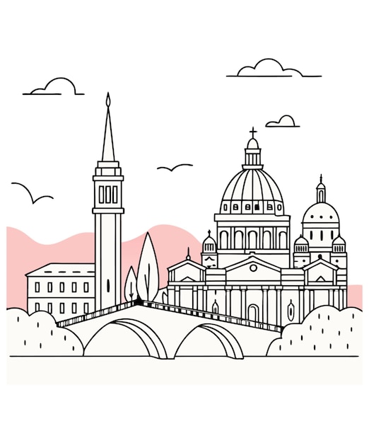 A drawing of a building with a picture of a cathedral in the background