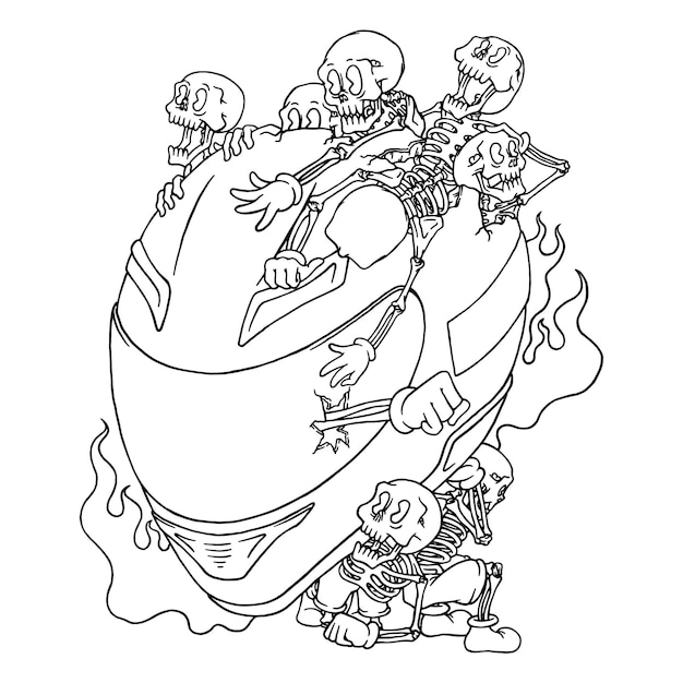 A drawing of a bunch of skeletons on a jet ski.