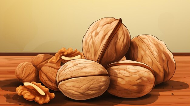 Vector a drawing of a bunch of walnuts with a yellow background