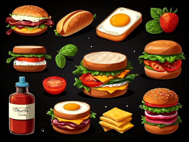 A drawing of a burger and burgers with a bottle of ketchup