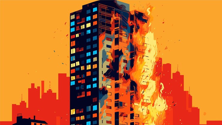 Vector drawing of a burning highrise building vector
