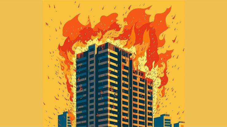 Vector drawing of a burning highrise building vector