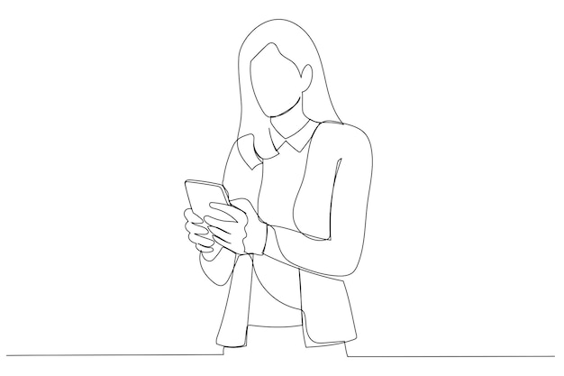 Drawing of business woman using cell phone Having Conversation typing sms or presenting Single line art style