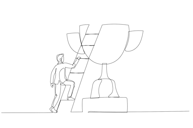 Drawing of businessman building ladder of success climbing to top of champion trophy cup single continuous line art style