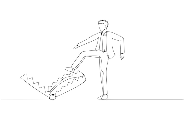 Drawing of businessman carefully walk into mouse trap concept business risk Continuous line art