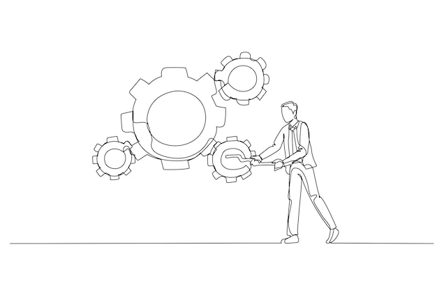ビジネスマンの図面と時計を組み合わせ、時間管理と生産の歯車の歯車の概念を 1 つの連続線画スタイル