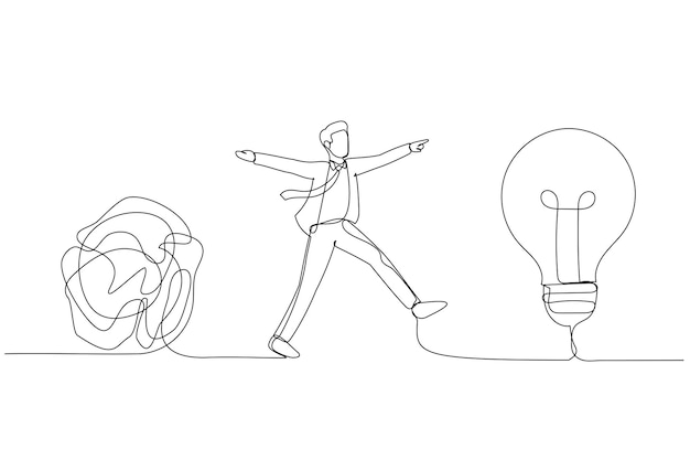 Vector drawing of businessman discover valuable priceless diamond from bright lightbulb idea business value single continuous line art