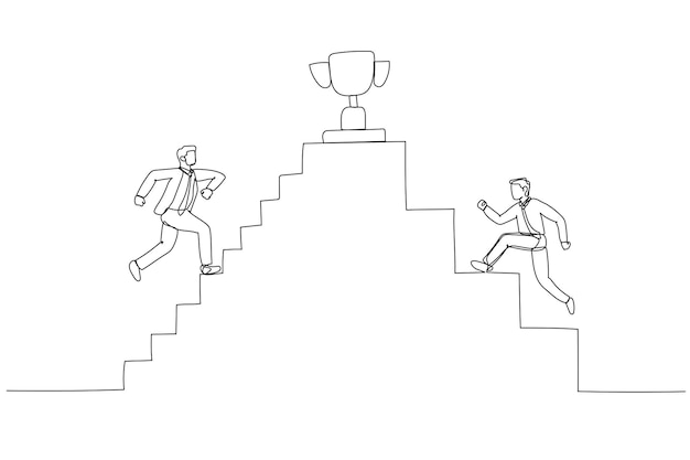 Drawing of businessman going up the stairs towards the trophy at the top Continuous line art