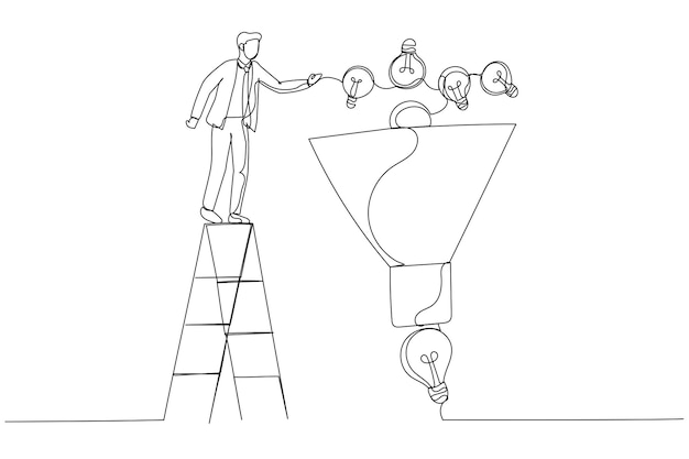 Drawing of businessman help put small lightbulb in funnel to get final idea Idea funnel Single continuous line art style