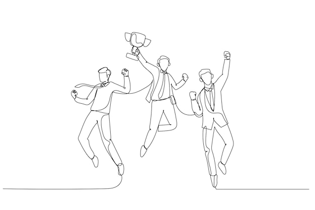 Drawing of businessman jumps in the air with trophy cup in the hand getting recognition Single continuous line art