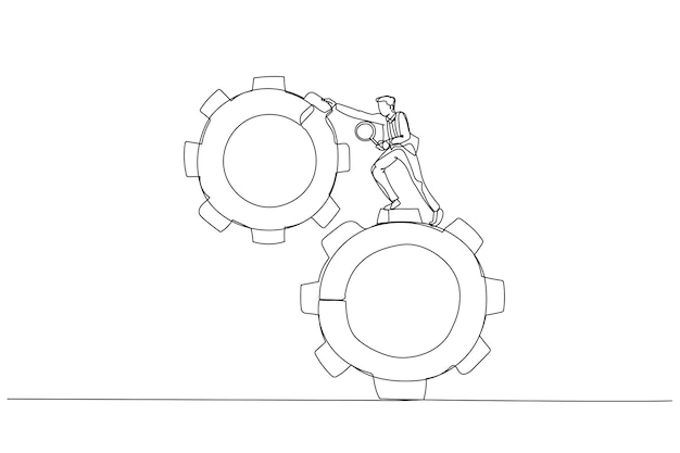 Drawing of businessman leader use magnifying glass analyze cog wheels problem concept problem fix Single continuous line art style