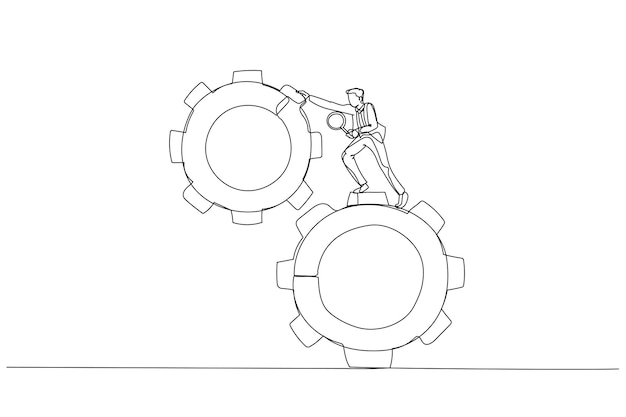 Рисунок лидера бизнесмена использует увеличительное стекло, анализирует проблему с зубчатыми колесами, решает проблему, решает проблему, стиль искусства единой непрерывной линии