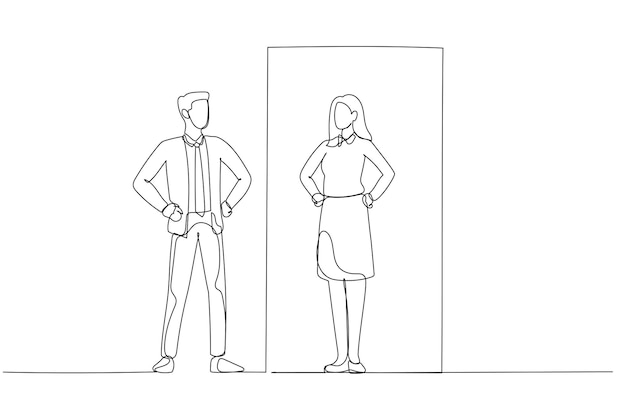 Drawing of businessman looking at opposite gender of self on mirror reflection Single continuous line art style