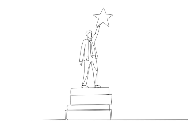 Drawing of businessman reach out for the stars by using books as the platform Single continuous line