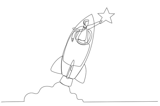 Drawing of businessman riding fast rocket to catch golden star Metaphor for Innovation