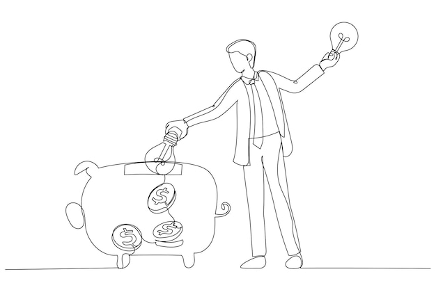 Drawing of businessman rising on bulb balloon try to find opportunity Single continuous line art style