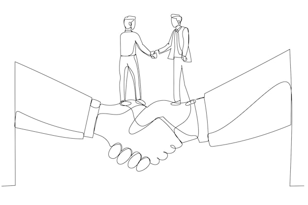 Drawing of businessman shaking hands and making deal standing on giant hand Metaphor for small and big business Single line art style