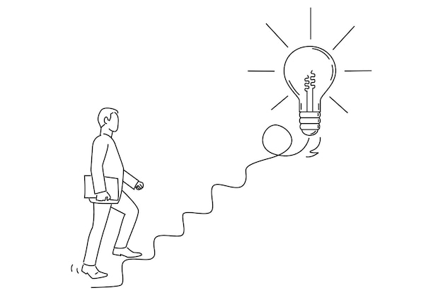 사업가의 그림은 큰 아이디어 전구로 가는 계단으로 전기 라인을 걷기 시작합니다.