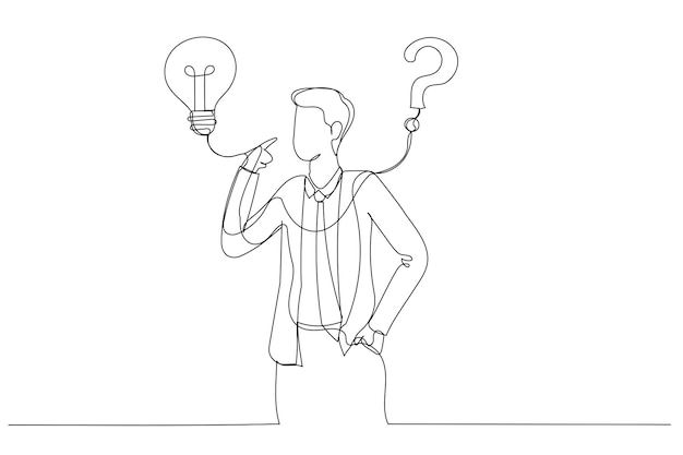 Drawing of businessman think of solution to solve problem with lightbulb and question mark Solution to solve problem Continuous line art style