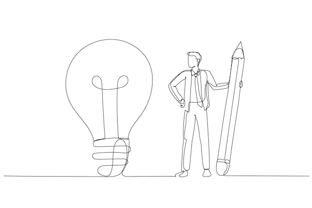Рисунок бизнесмена с помощью карандаша, чтобы соединить точки и создать концепцию лампочки идеи понимания бизнеса Единый стиль непрерывной линии