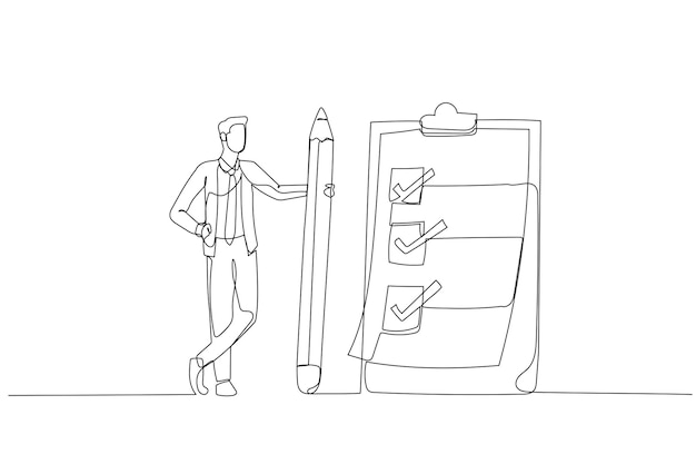 Drawing of businessman using pencil to draw big stair to climb up to success concept of ambition Single continuous line art