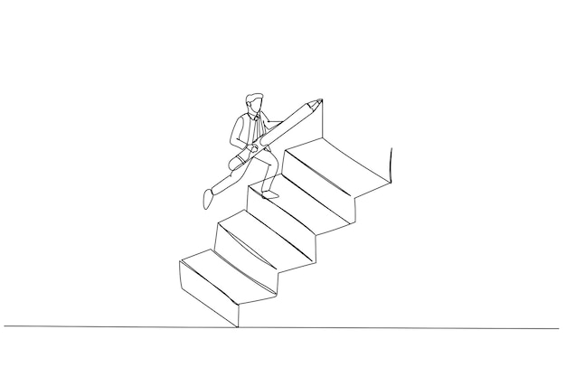 Drawing of businessman using pencil to draw big stair to climb up to success concept of ambition Single continuous line art