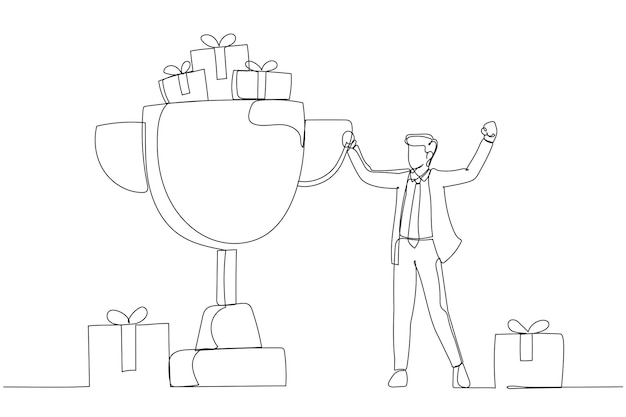 Drawing of businessman with big winner cup happy with achievement continuous line art