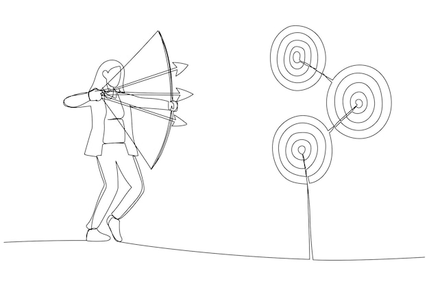 Vector drawing of businesswoman aiming multiple bows on three targets metaphor for multitasking or multiple purpose strategy aiming for many targets or goal single line art style