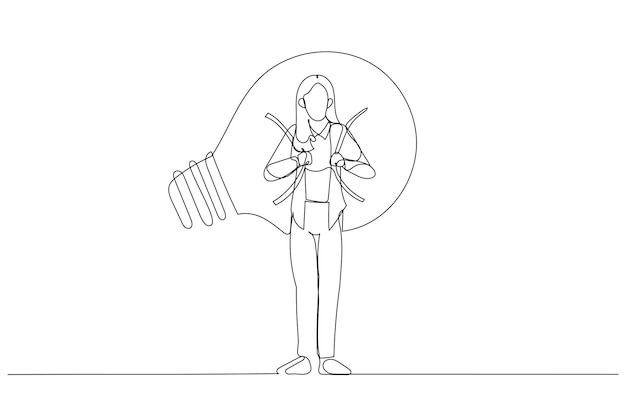 Drawing of businesswoman carry idea concept creating business opportunity Single line art style