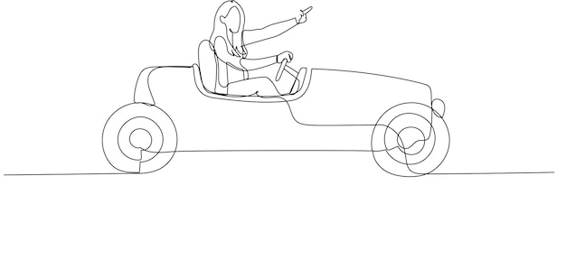 Drawing of businesswoman driving red vintage roadster car concept of business success and leadership Single line art style