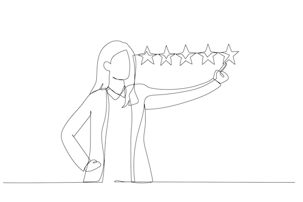 Рисунок деловой женщины, дающей 5-звездочный рейтинг Метафора за лучшее качество Стиль одной линии