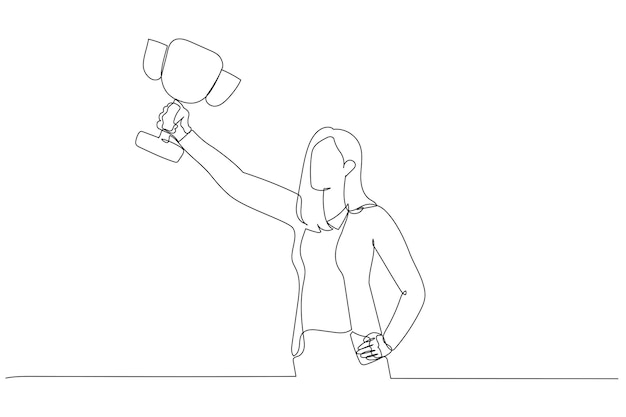 Drawing of businesswoman hold award trophy concept of successful One line style art