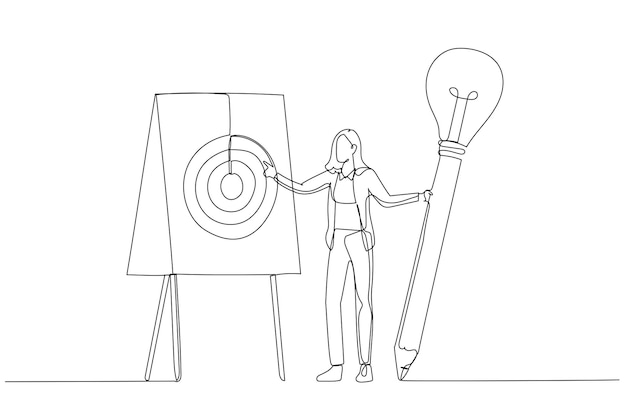 Drawing of businesswoman holding lightbulb idea pencil about to write business plan concept of strategy One continuous line art style