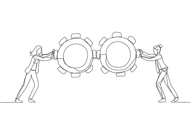 Drawing of businesswoman pushing gears wheel concept of business team work Single line art style