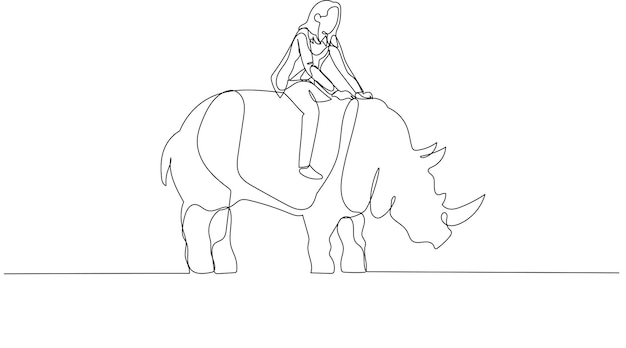 Drawing of businesswoman riding on big rhino concept of fearless manager and leader One line style art