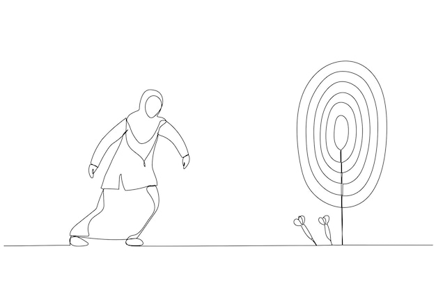 Drawing of businesswoman try to hit a target One line art style