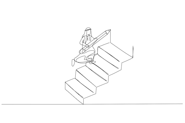 Drawing of businesswoman using pencil to draw big stair to climb up to success concept of ambition One line style art