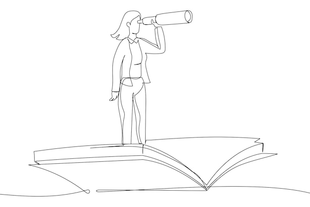 Drawing of businesswoman using telescope on flying book Knowledge references opportunity vision in business Single line art style