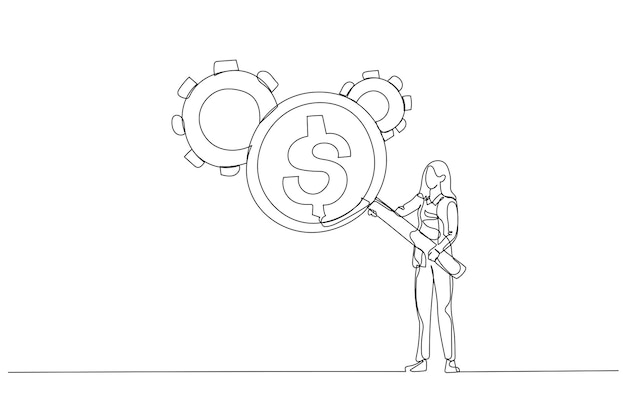 Drawing of businesswoman with magnifier showing dollar money reflection looking at gear cogwheel concept of cost efficient One continuous line art style